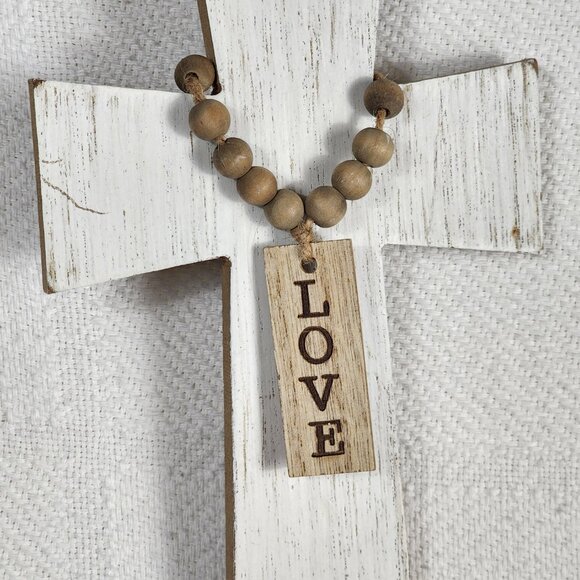 Rustic Whitewash Embossed Particle Board Beaded Faux Wood Love Sign on 8" Cross - Picture 3 of 16